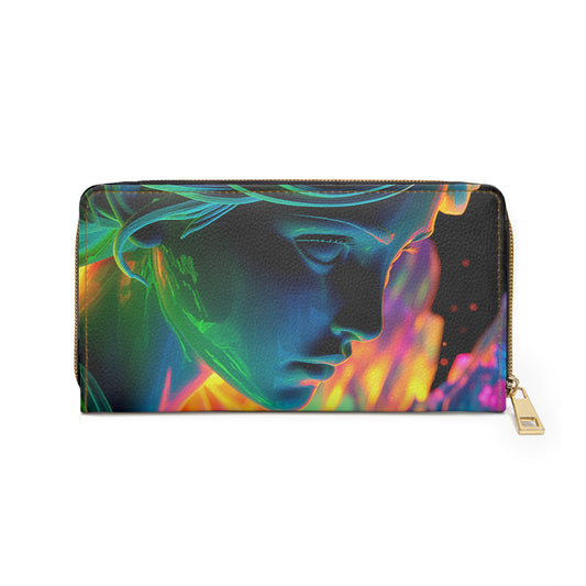 Athena Dreamscape – Surreal Goddess Art Zipper Wallet with Glowing Locks & Flowing Light