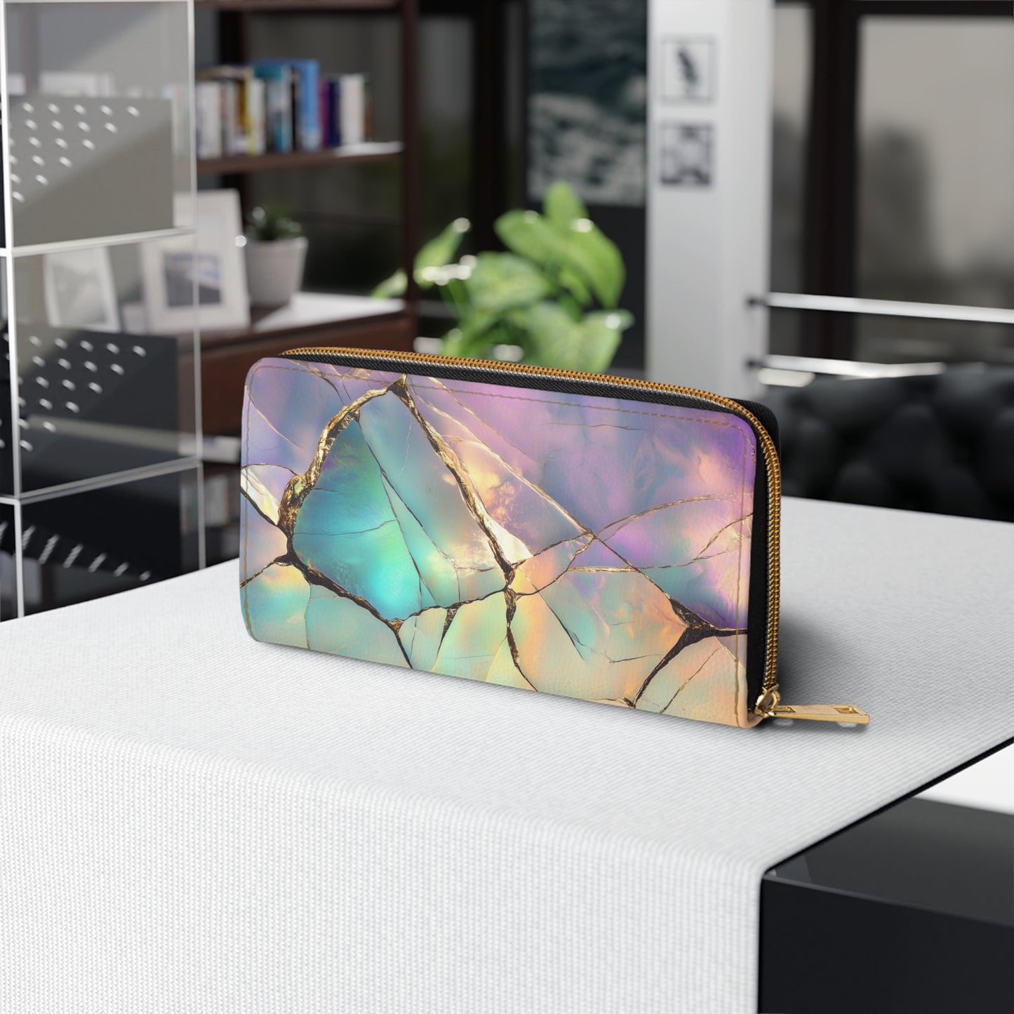 Golden Iridescent Marble – Elegant Cell Phone Clutch Wallet with Cracked Design