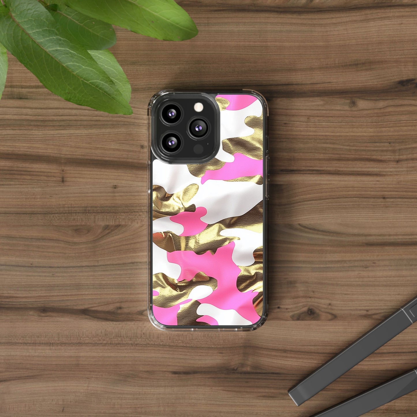 Gold and Pink Camo Phone Case – Stylish Clear Protective Design
