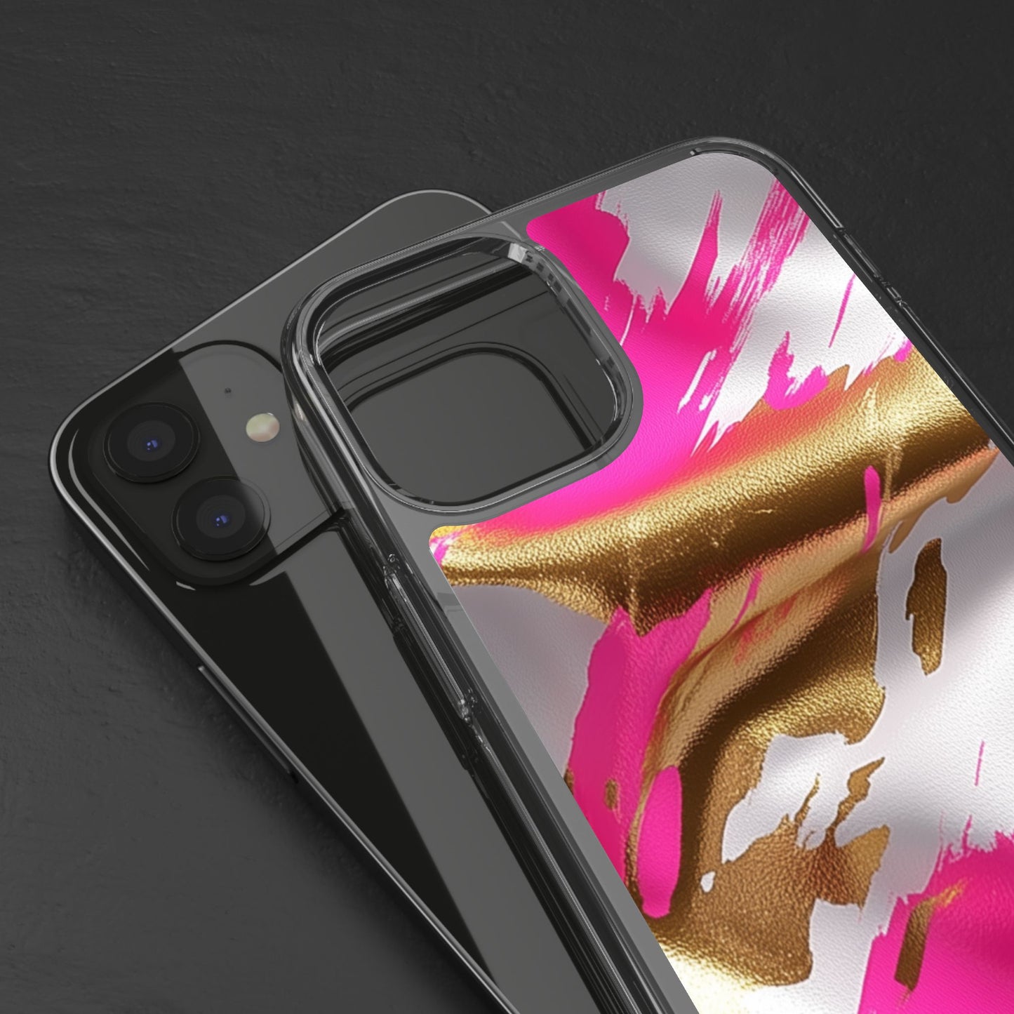 Stylish Clear Phone Case - Pink and Gold Abstract Design