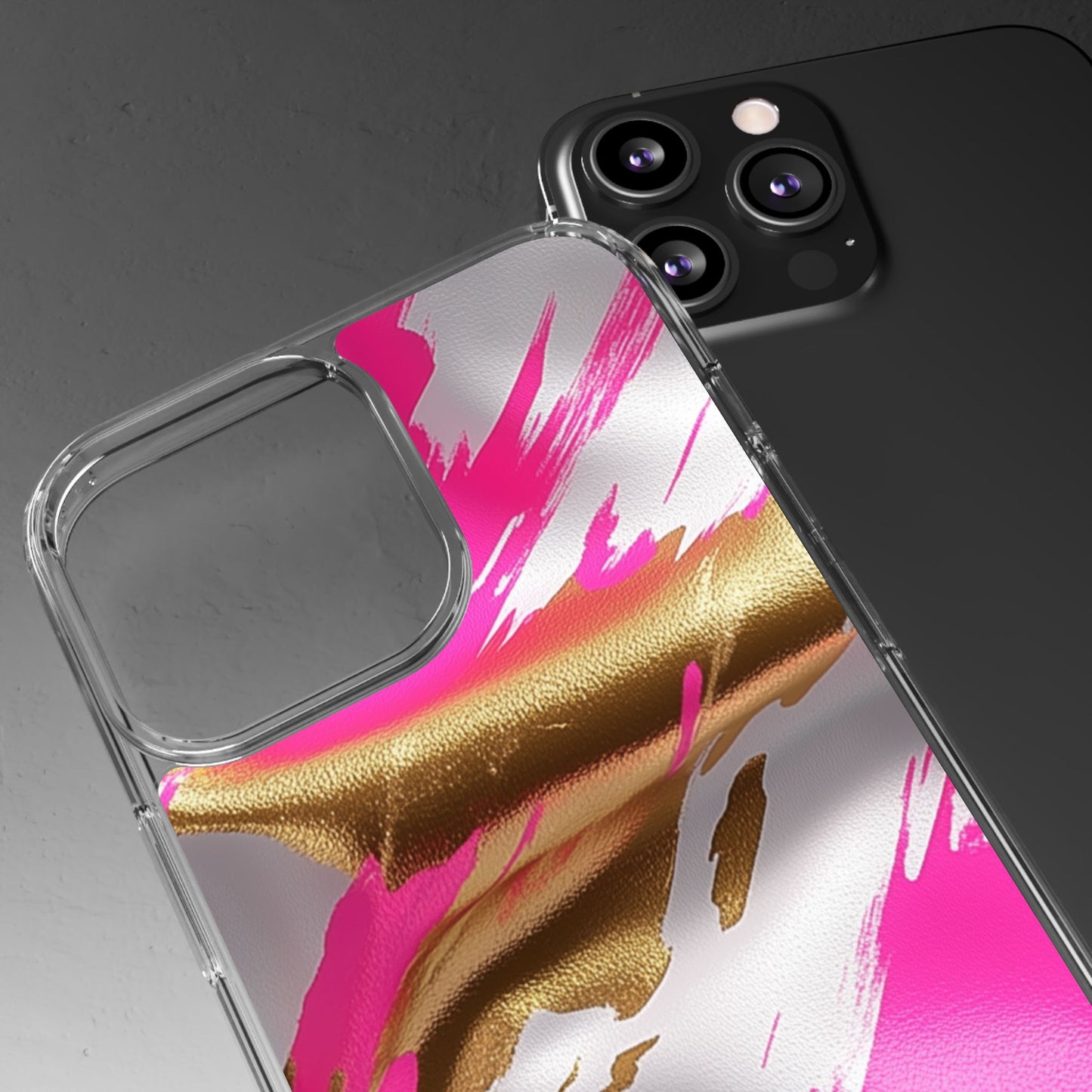 Stylish Clear Phone Case - Pink and Gold Abstract Design