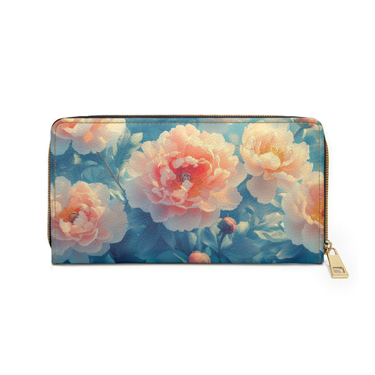 Blue Peony Skyview – Floral Cell Phone Clutch Wallet with Elegant Spring Charm