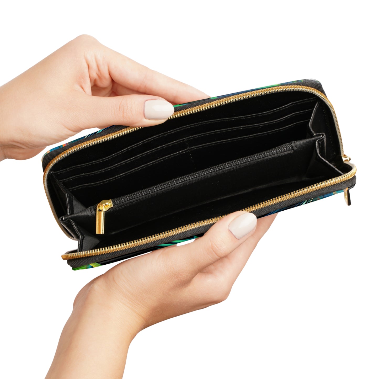 Athena Dreamscape – Surreal Goddess Art Zipper Wallet with Glowing Locks & Flowing Light