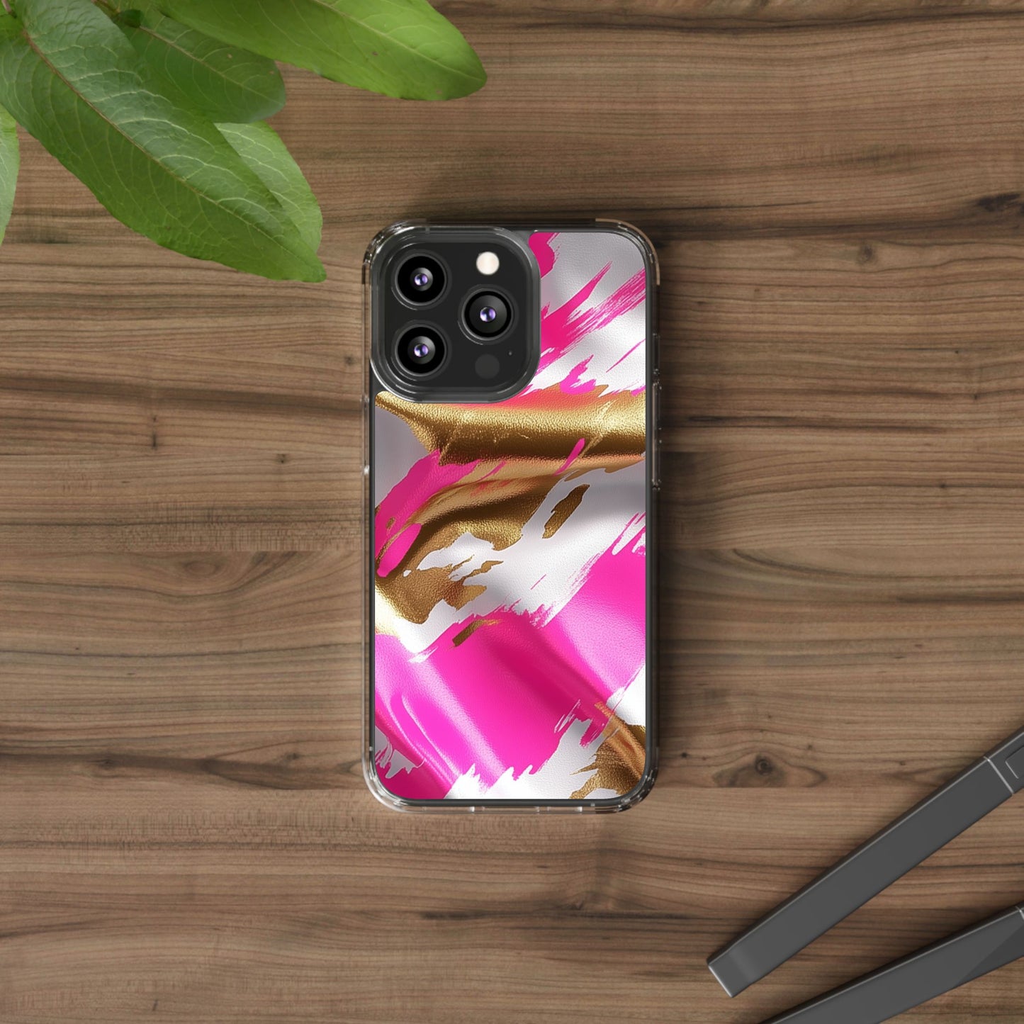 Stylish Clear Phone Case - Pink and Gold Abstract Design