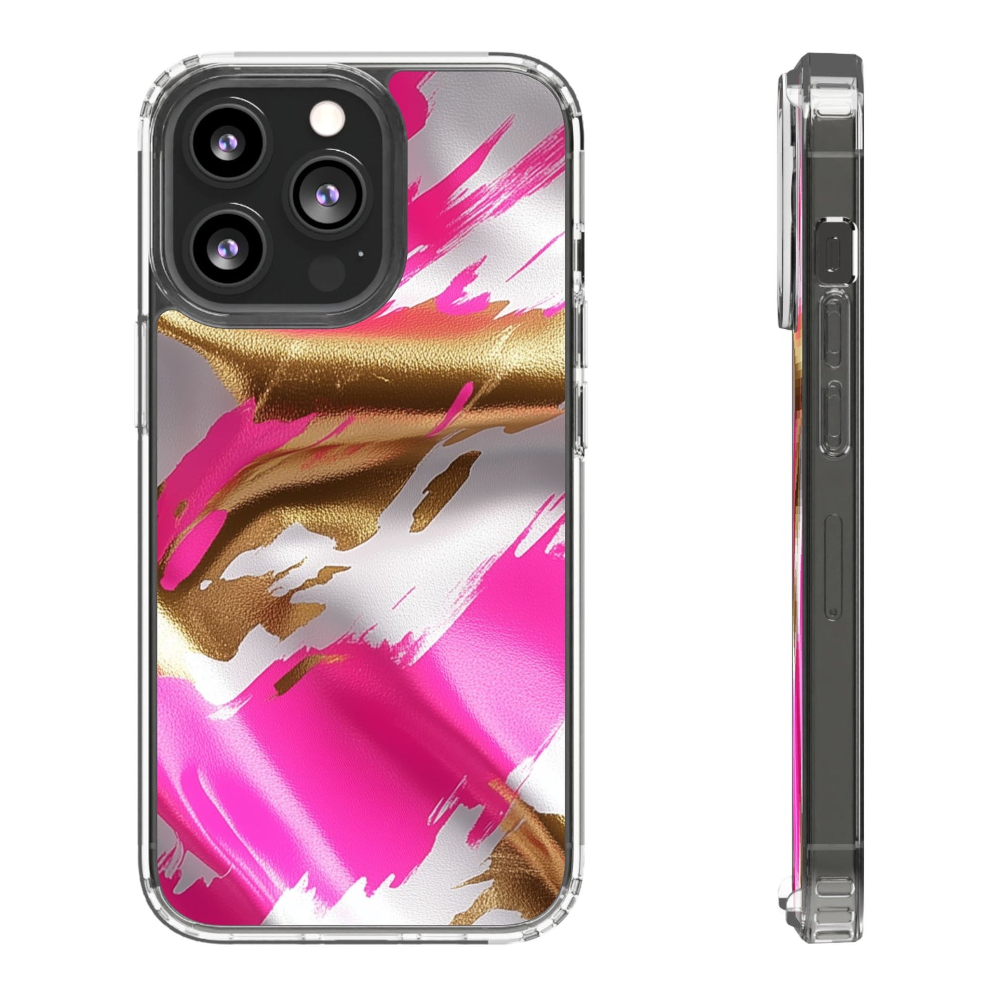Stylish Clear Phone Case - Pink and Gold Abstract Design