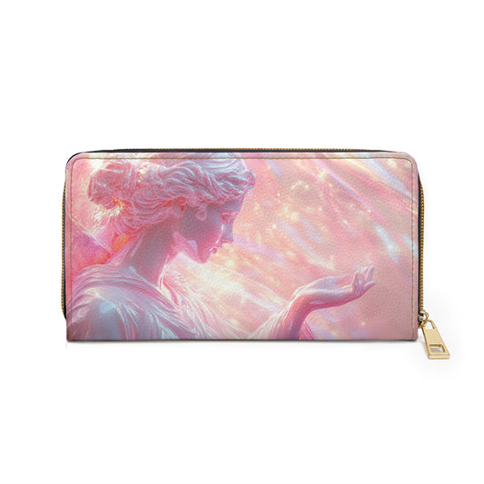 Divine Aphrodite Angel Statue Zipper Wallet – Glowing Iridescent Design with Neon Pink & Pearlescent Accents