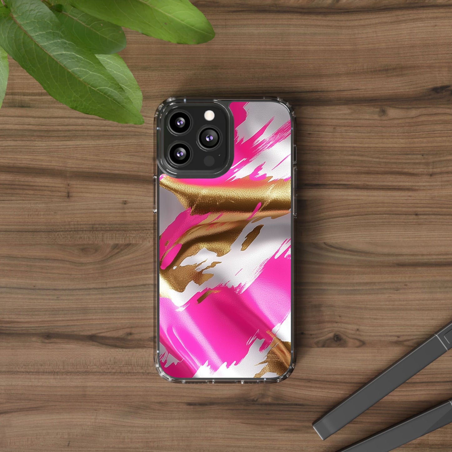 Stylish Clear Phone Case - Pink and Gold Abstract Design