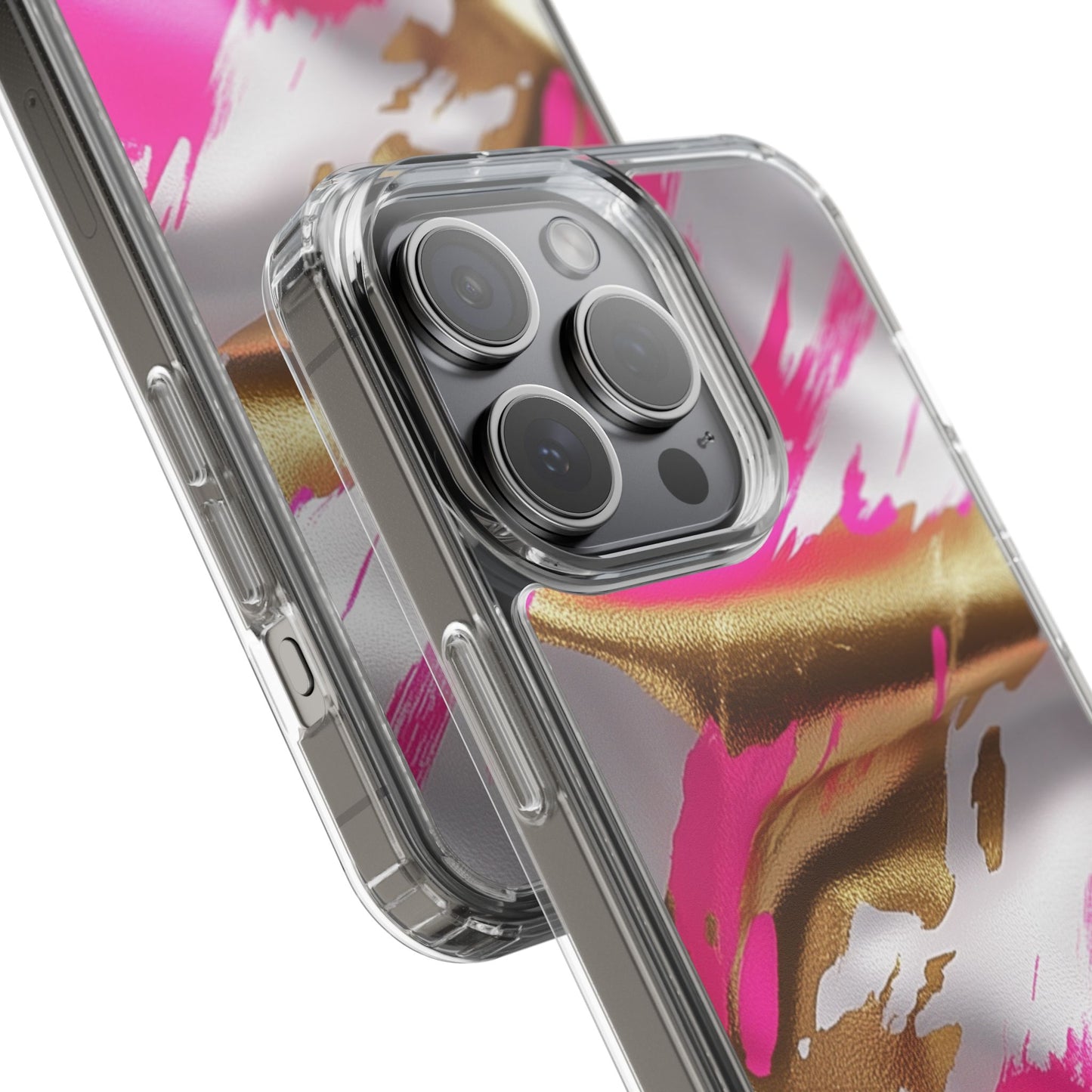 Stylish Clear Phone Case - Pink and Gold Abstract Design