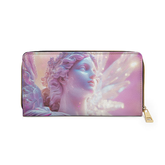 Celestial Aphrodite Angel Statue Zipper Wallet – Iridescent Translucence with Neon Pink & Pearlescent Glow for Stylish Organization