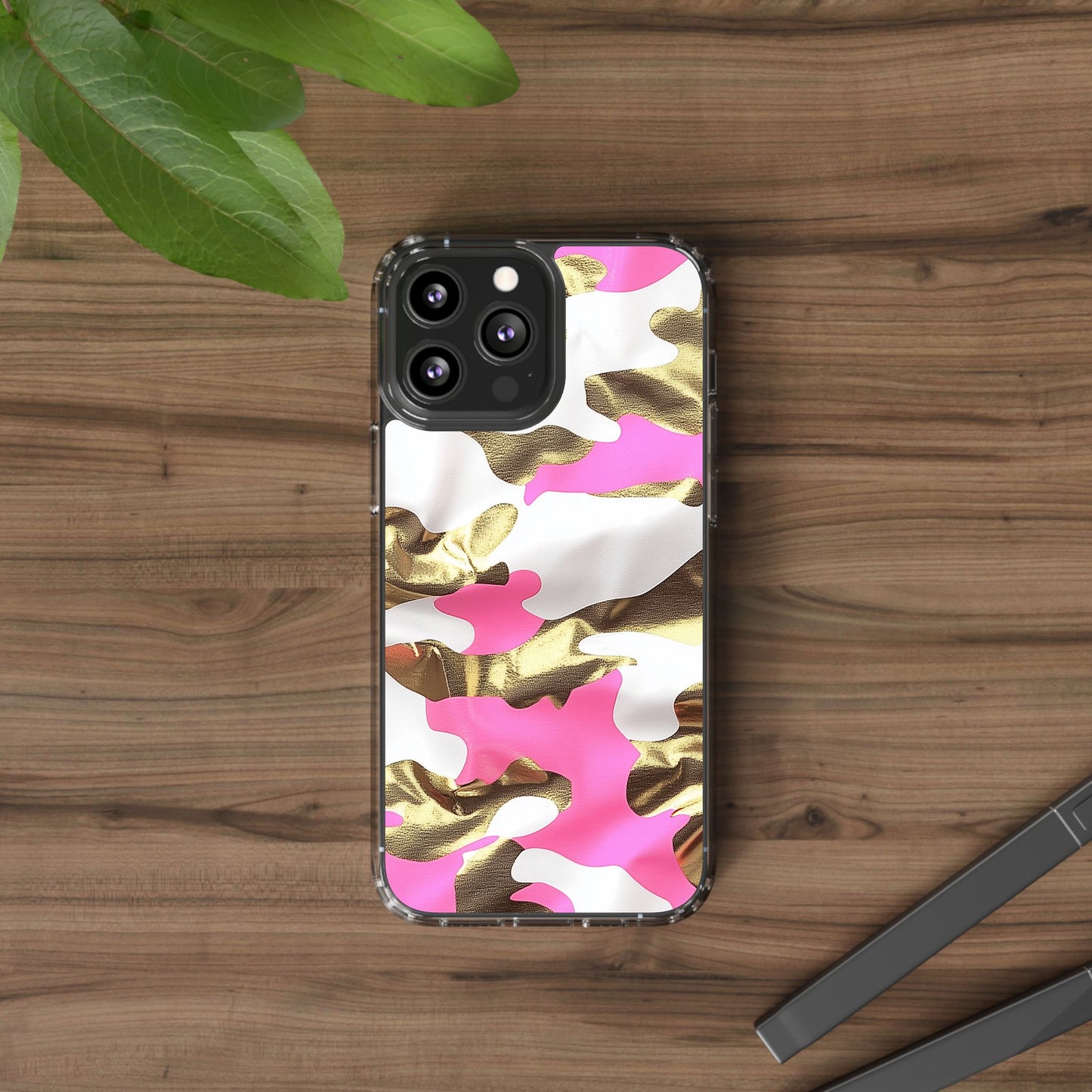 Gold and Pink Camo Phone Case – Stylish Clear Protective Design
