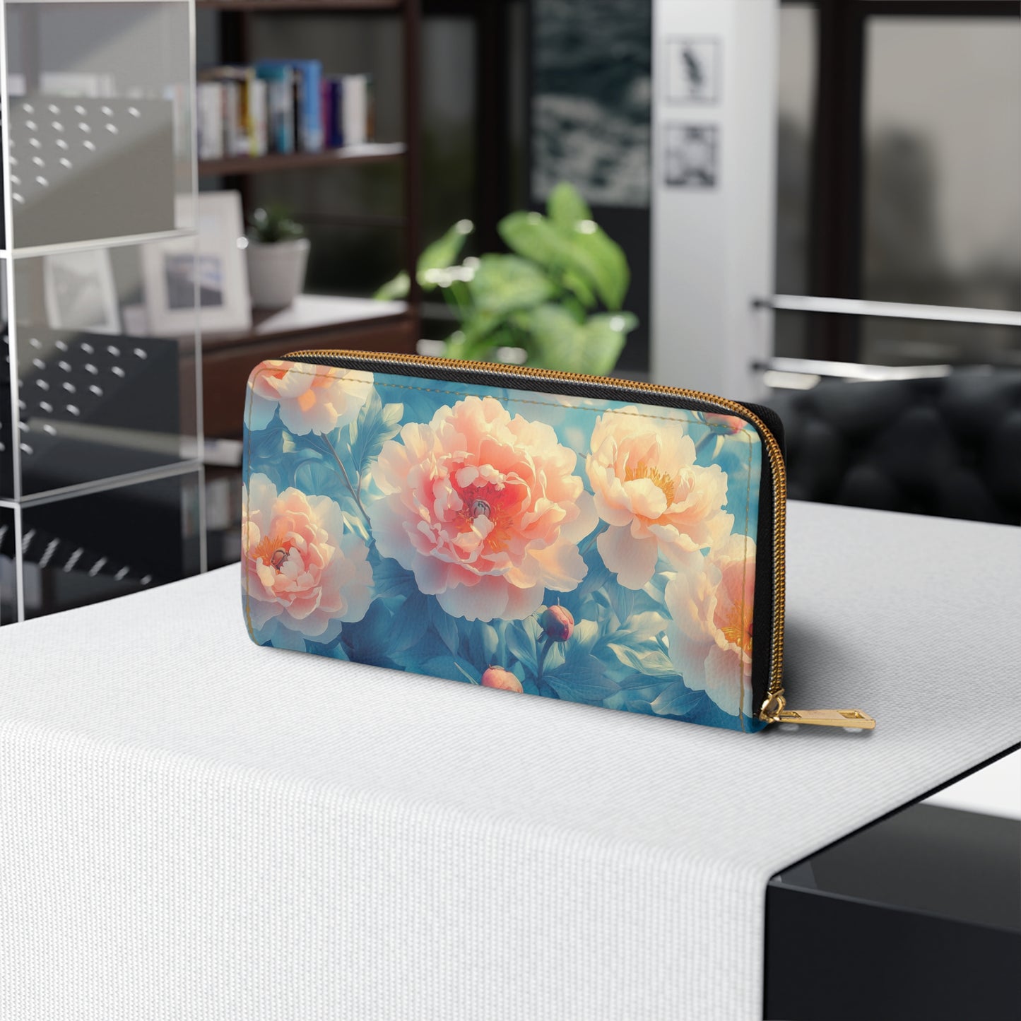 Blue Peony Skyview – Floral Cell Phone Clutch Wallet with Elegant Spring Charm