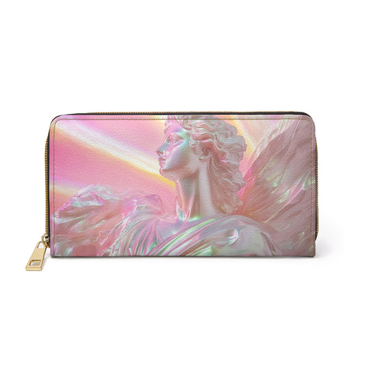 Ethereal Aphrodite Angel Statue Zipper Wallet – Translucent Iridescent Design with Neon Pink & Pearlescent Glow for Chic Organization