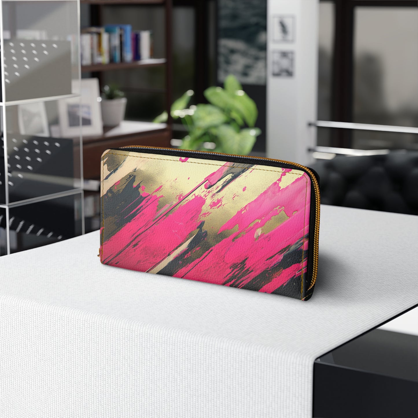 Bold Neon Pink & Gold Brush Cell Phone Clutch Wallet