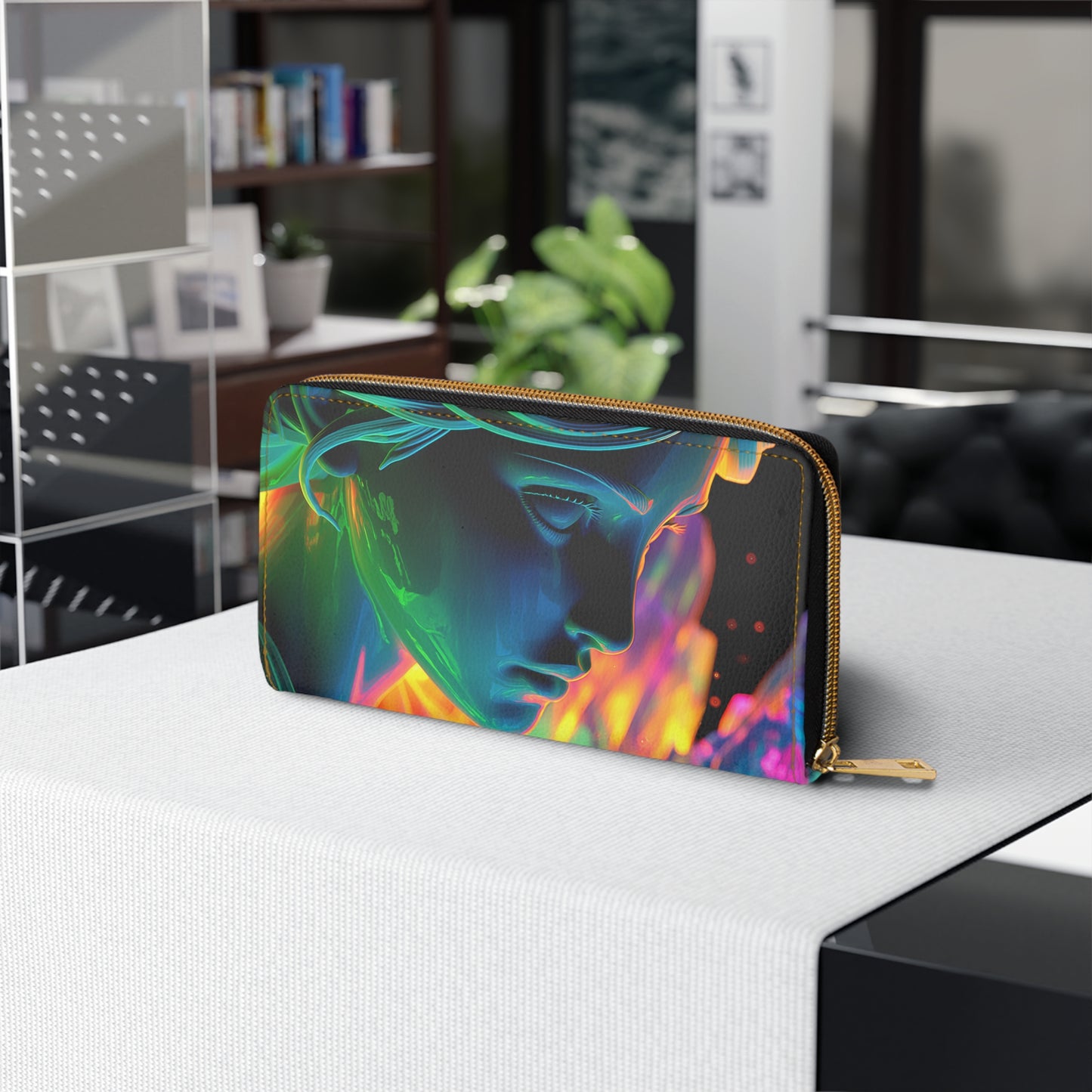 Athena Dreamscape – Surreal Goddess Art Zipper Wallet with Glowing Locks & Flowing Light