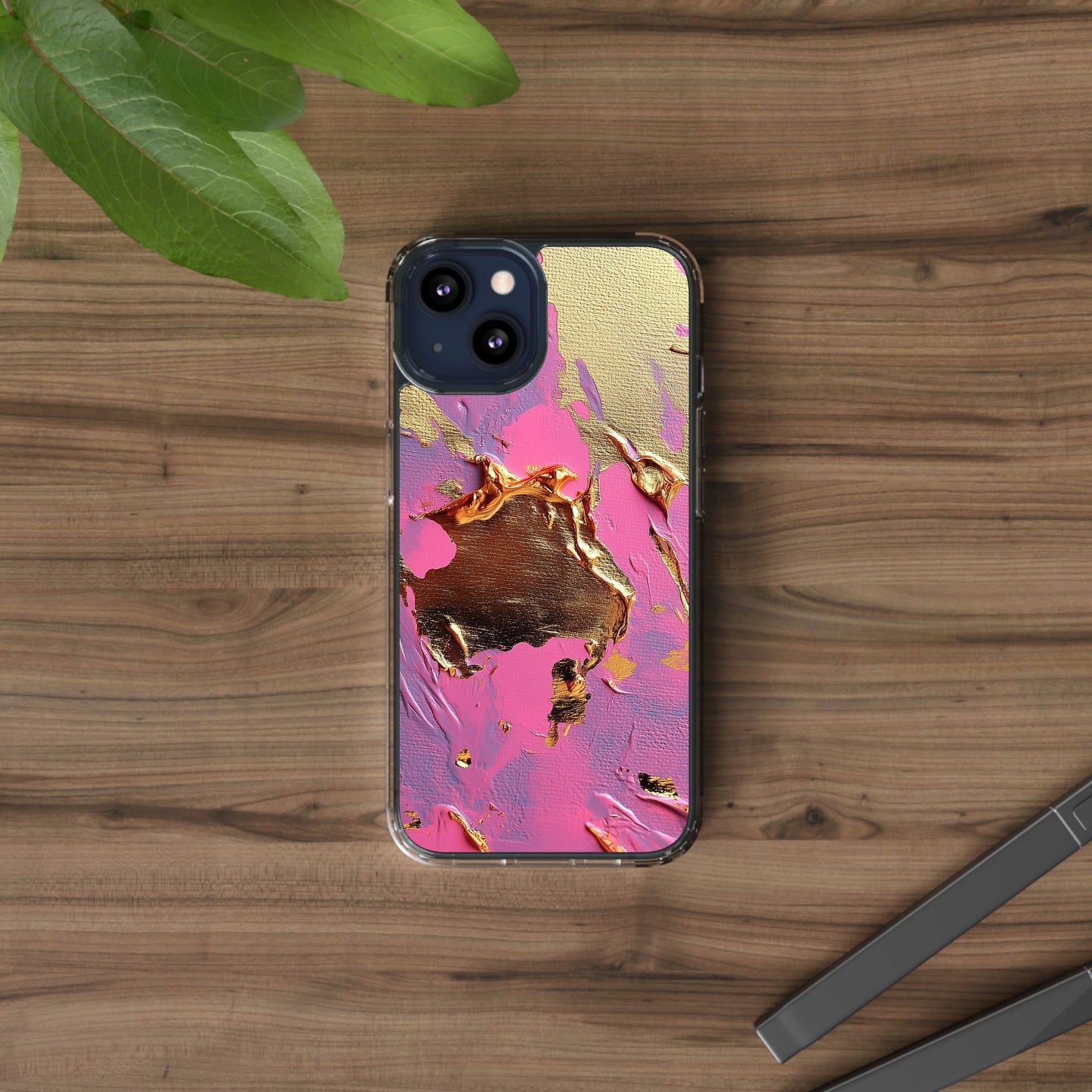 Artistic Clear iPhone Case - Gold and Pink Camo Abstract Design
