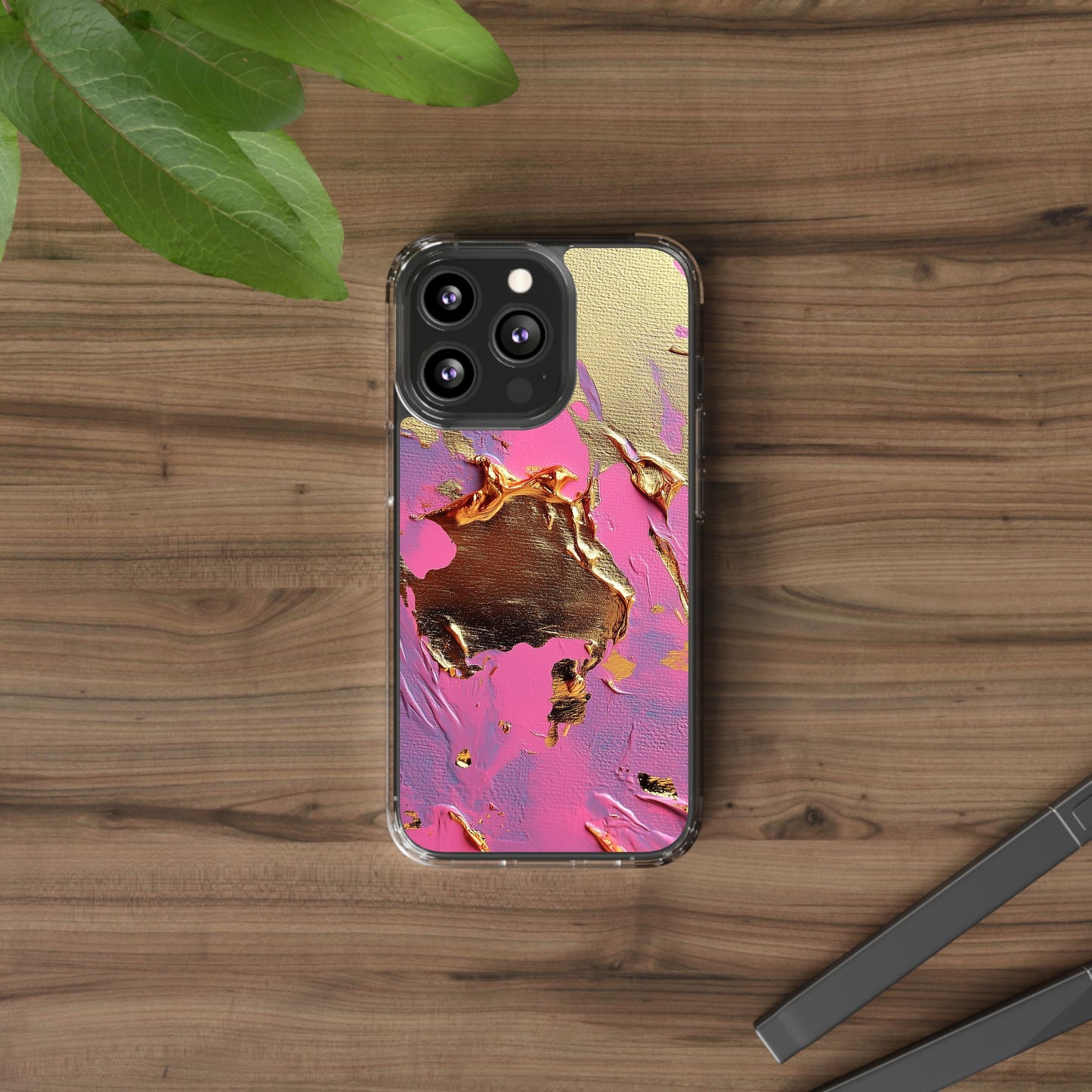Artistic Clear iPhone Case - Gold and Pink Camo Abstract Design