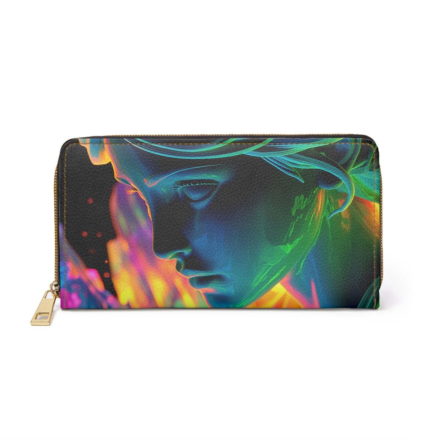 Athena Dreamscape – Surreal Goddess Art Zipper Wallet with Glowing Locks & Flowing Light