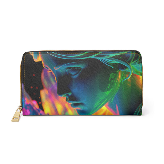 Athena Dreamscape – Surreal Goddess Art Zipper Wallet with Glowing Locks & Flowing Light