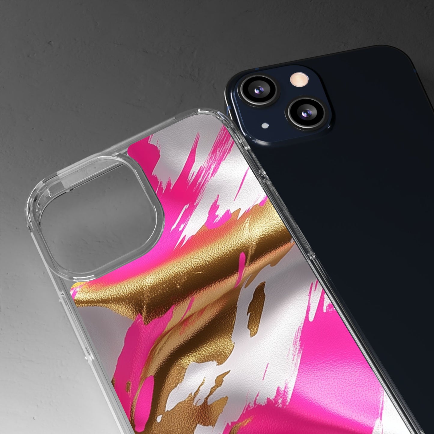 Stylish Clear Phone Case - Pink and Gold Abstract Design