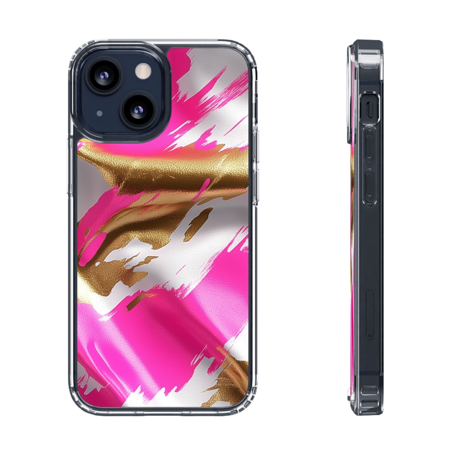 Stylish Clear Phone Case - Pink and Gold Abstract Design