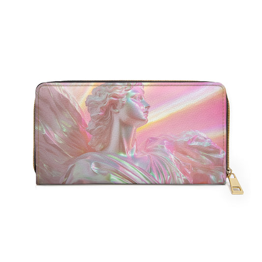 Ethereal Aphrodite Angel Statue Zipper Wallet – Translucent Iridescent Design with Neon Pink & Pearlescent Glow for Chic Organization