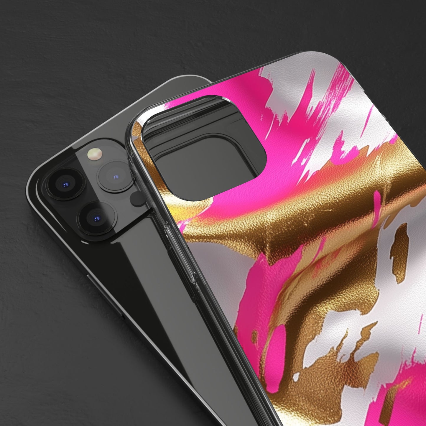 Stylish Clear Phone Case - Pink and Gold Abstract Design
