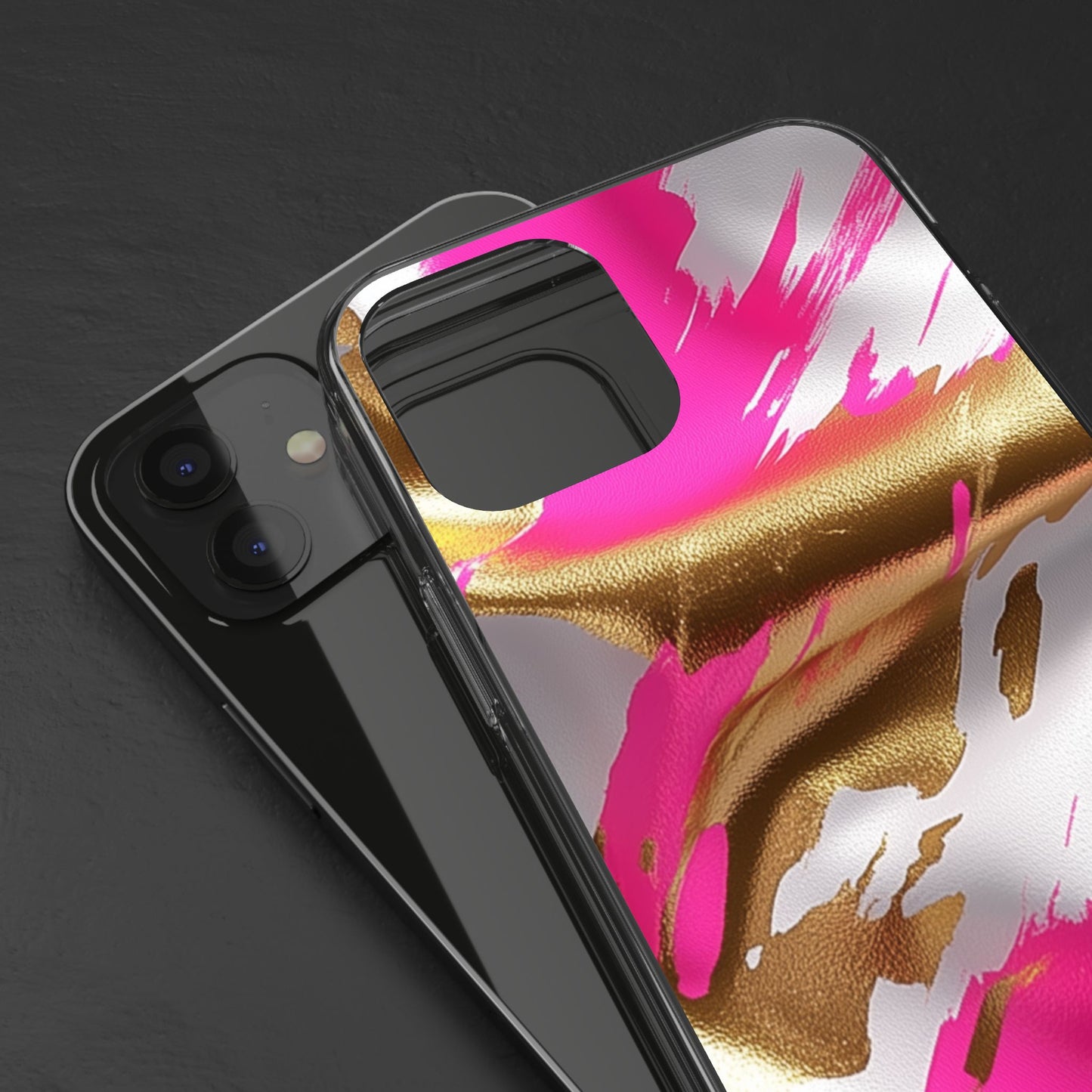 Stylish Clear Phone Case - Pink and Gold Abstract Design