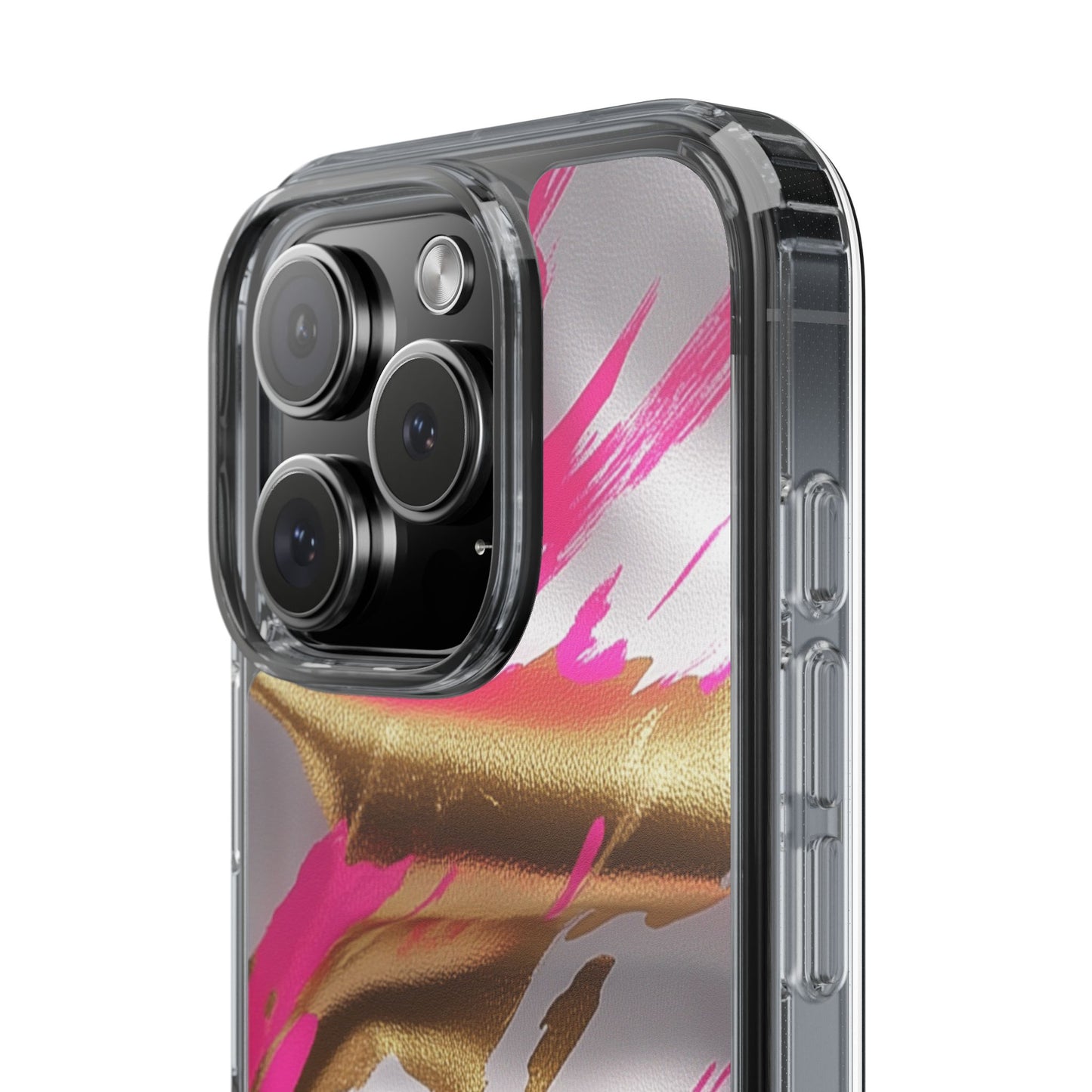 Stylish Clear Phone Case - Pink and Gold Abstract Design