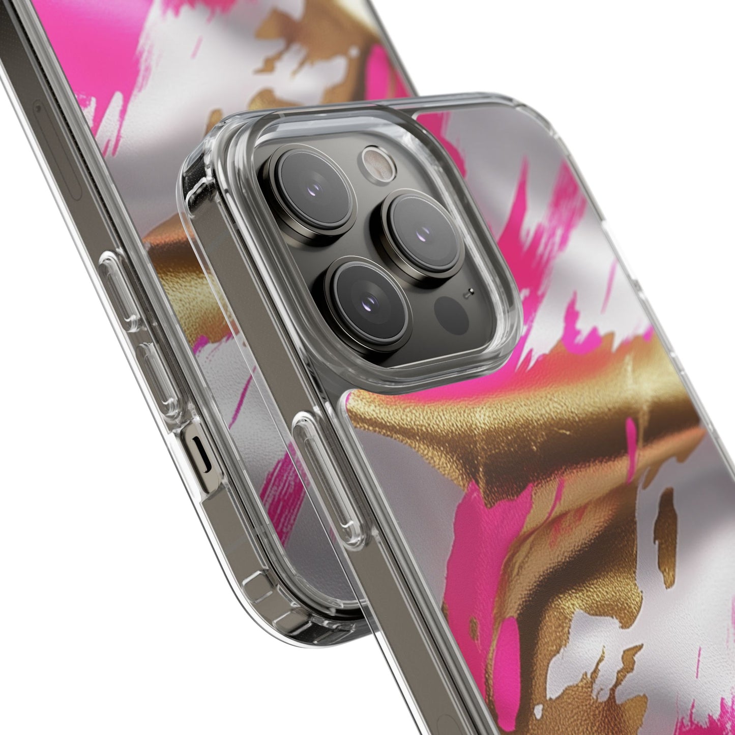 Stylish Clear Phone Case - Pink and Gold Abstract Design