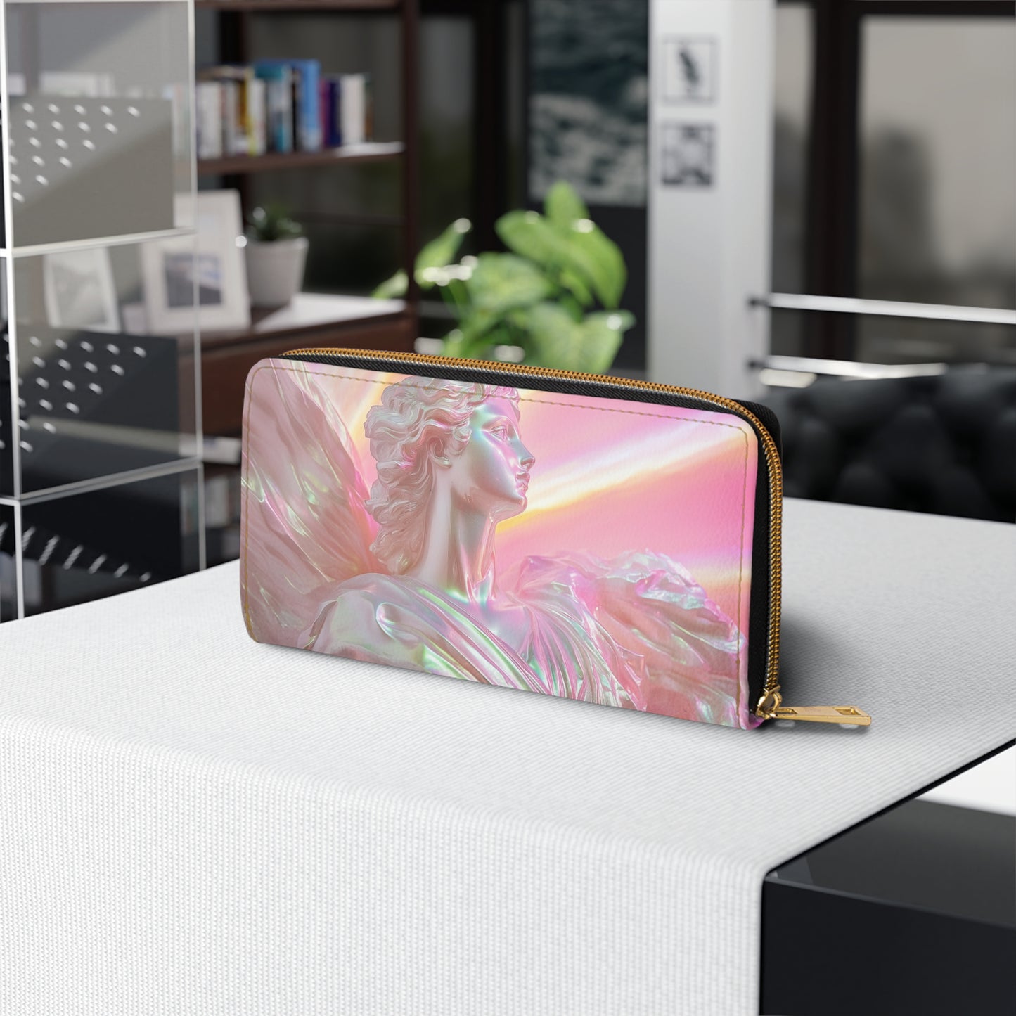 Ethereal Aphrodite Angel Statue Zipper Wallet – Translucent Iridescent Design with Neon Pink & Pearlescent Glow for Chic Organization