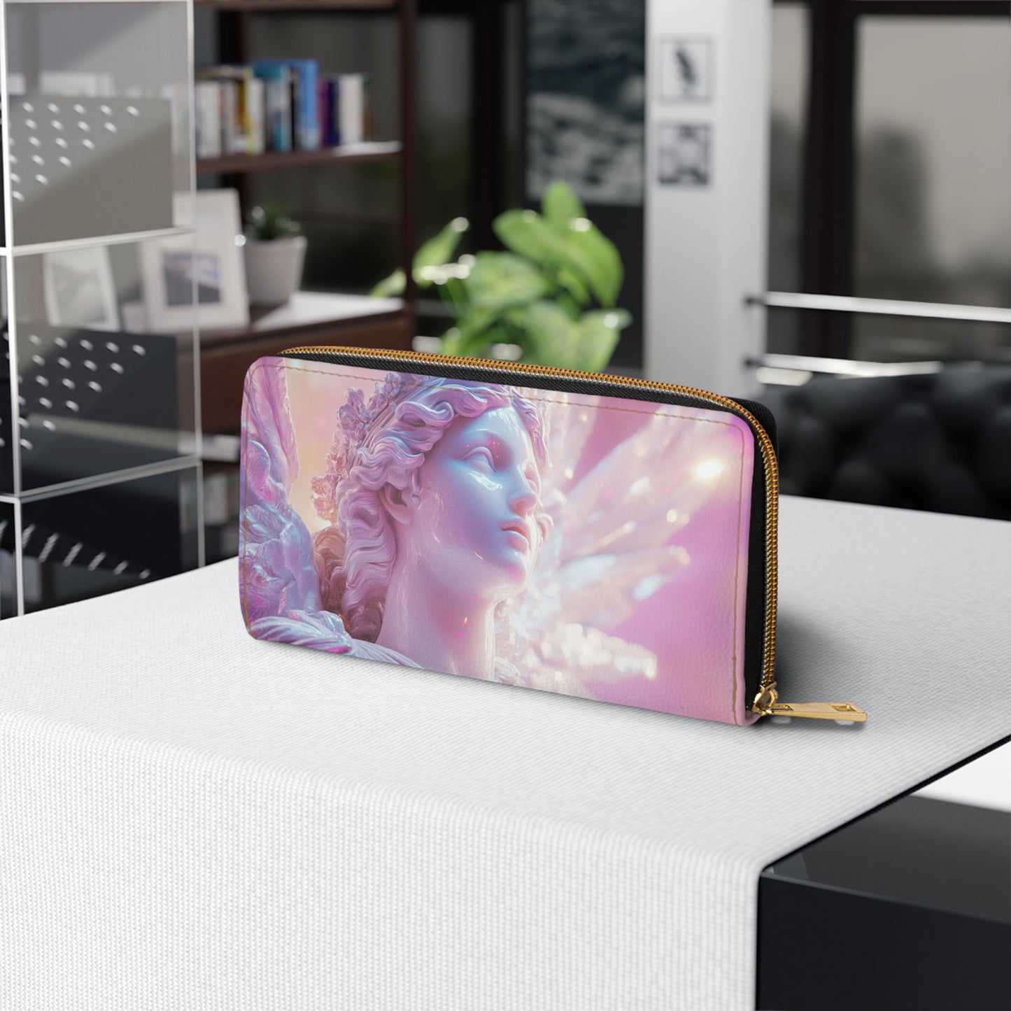 Celestial Aphrodite Angel Statue Zipper Wallet – Iridescent Translucence with Neon Pink & Pearlescent Glow for Stylish Organization