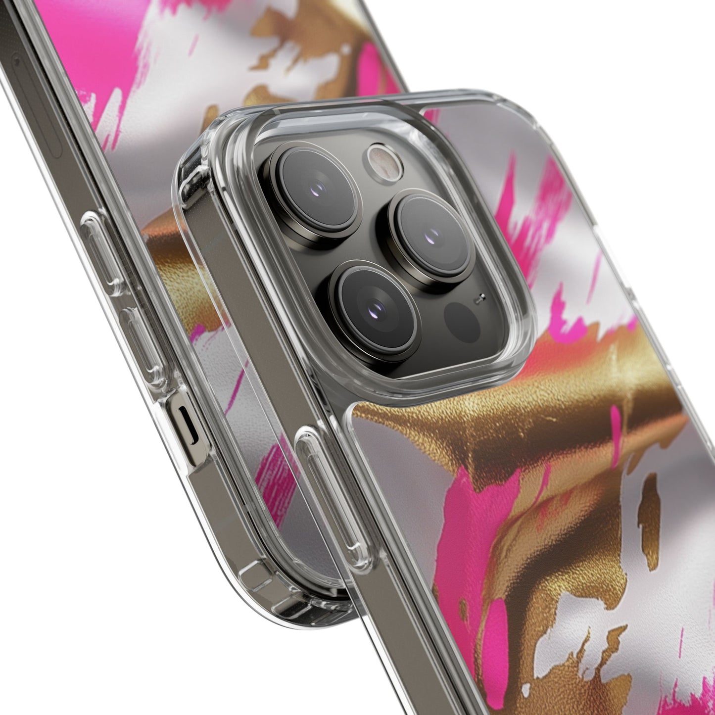 Stylish Clear Phone Case - Pink and Gold Abstract Design