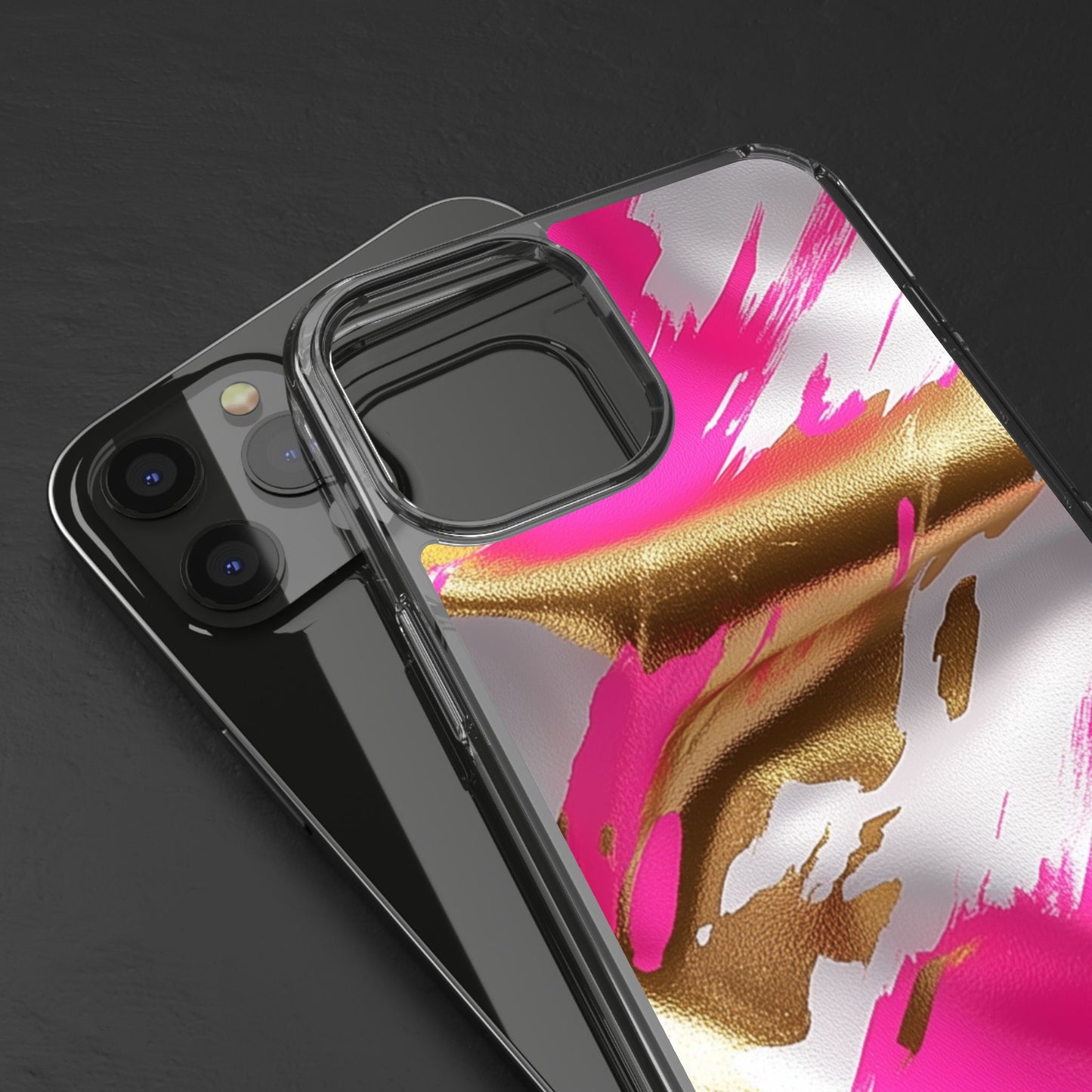Stylish Clear Phone Case - Pink and Gold Abstract Design