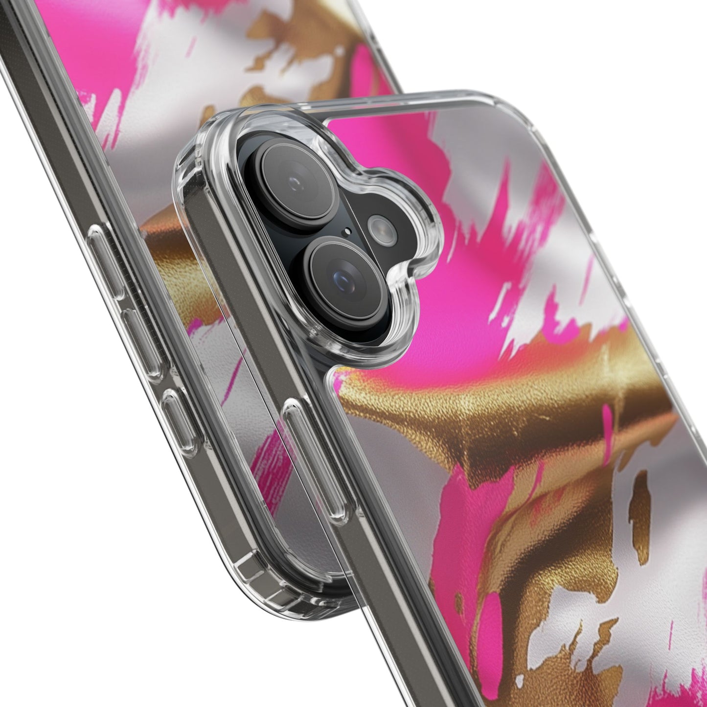 Stylish Clear Phone Case - Pink and Gold Abstract Design