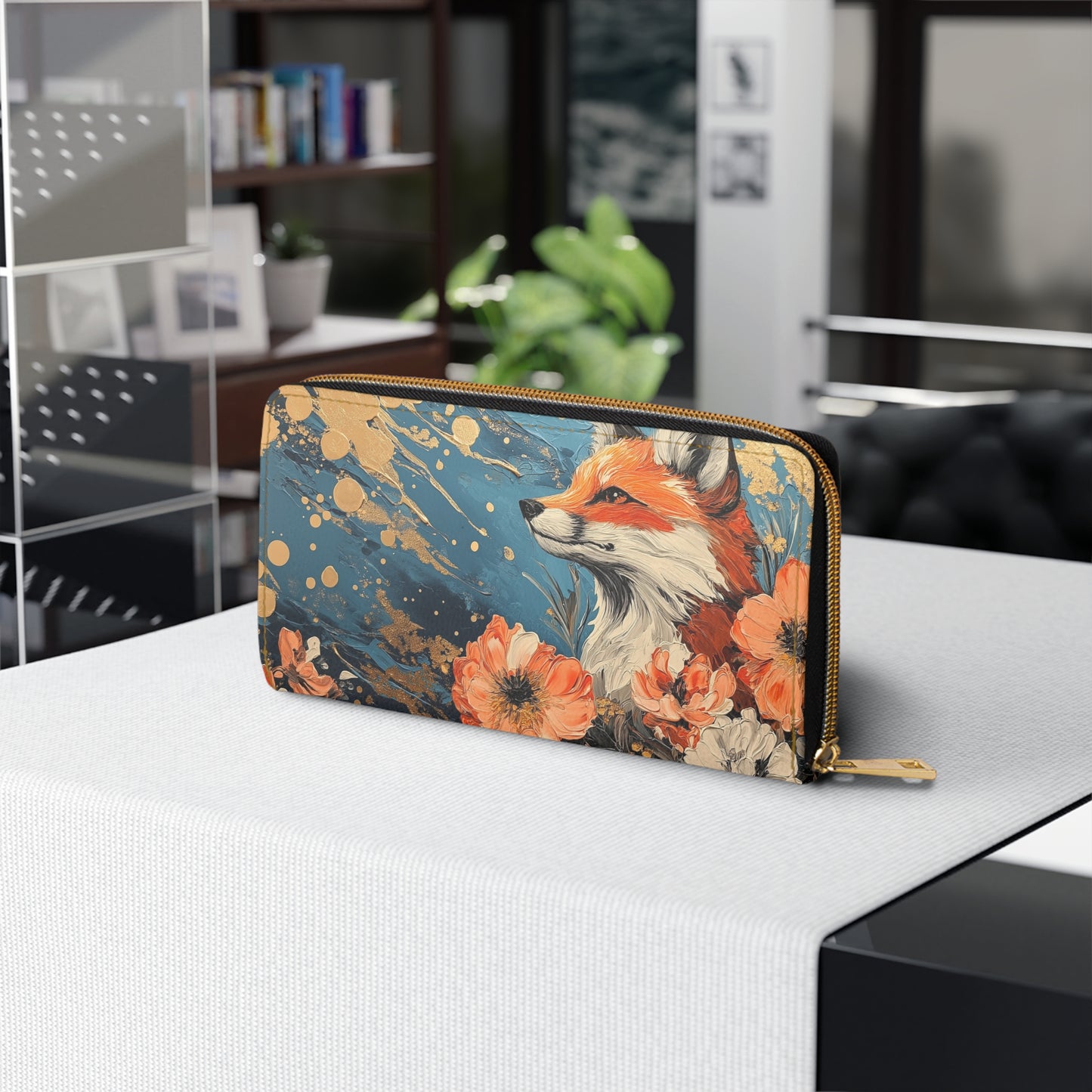 Golden Fox in Bloom – Floral Cell Phone Clutch Wallet for Nature & Fox Lovers
