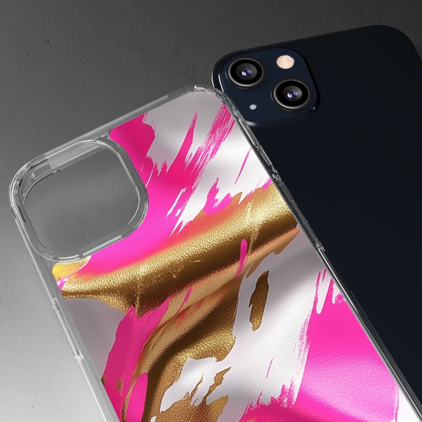 Stylish Clear Phone Case - Pink and Gold Abstract Design