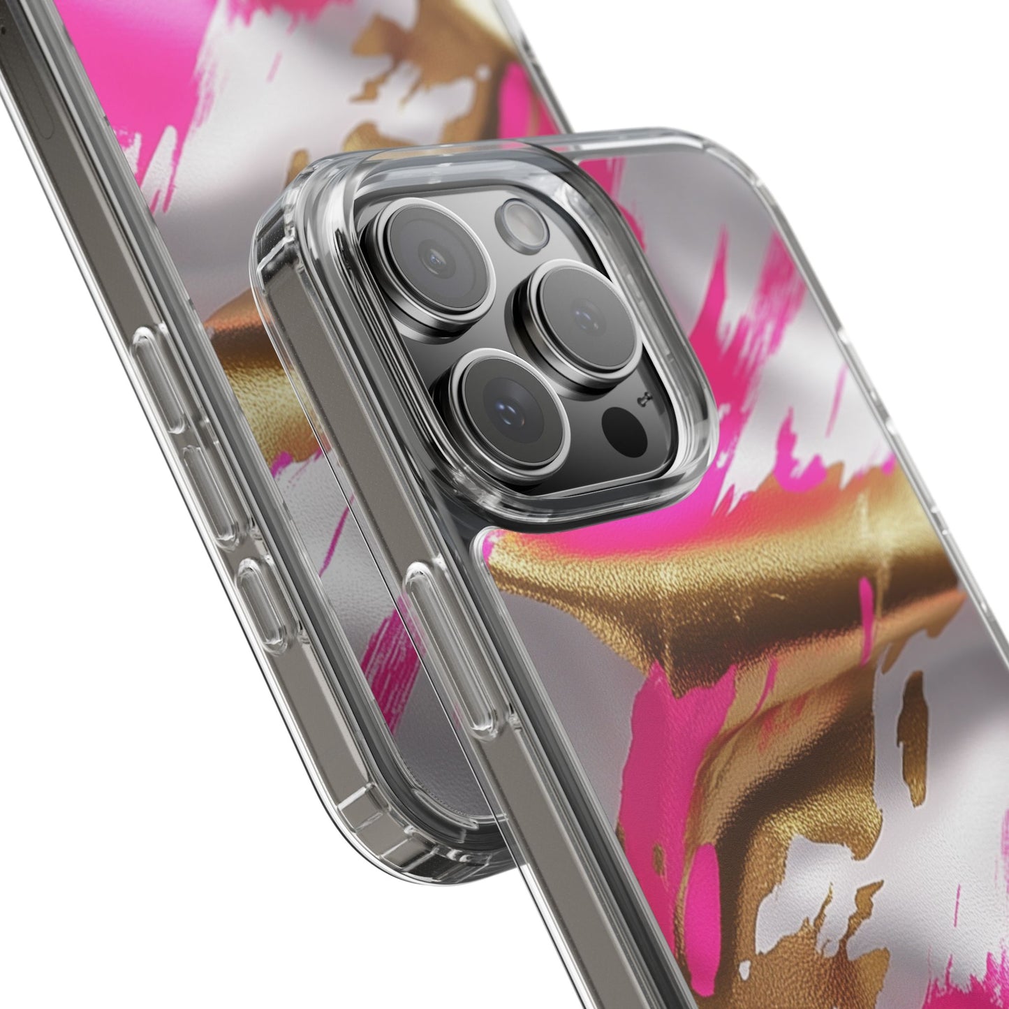 Stylish Clear Phone Case - Pink and Gold Abstract Design