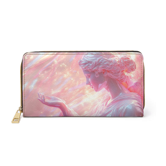 Divine Aphrodite Angel Statue Zipper Wallet – Glowing Iridescent Design with Neon Pink & Pearlescent Accents