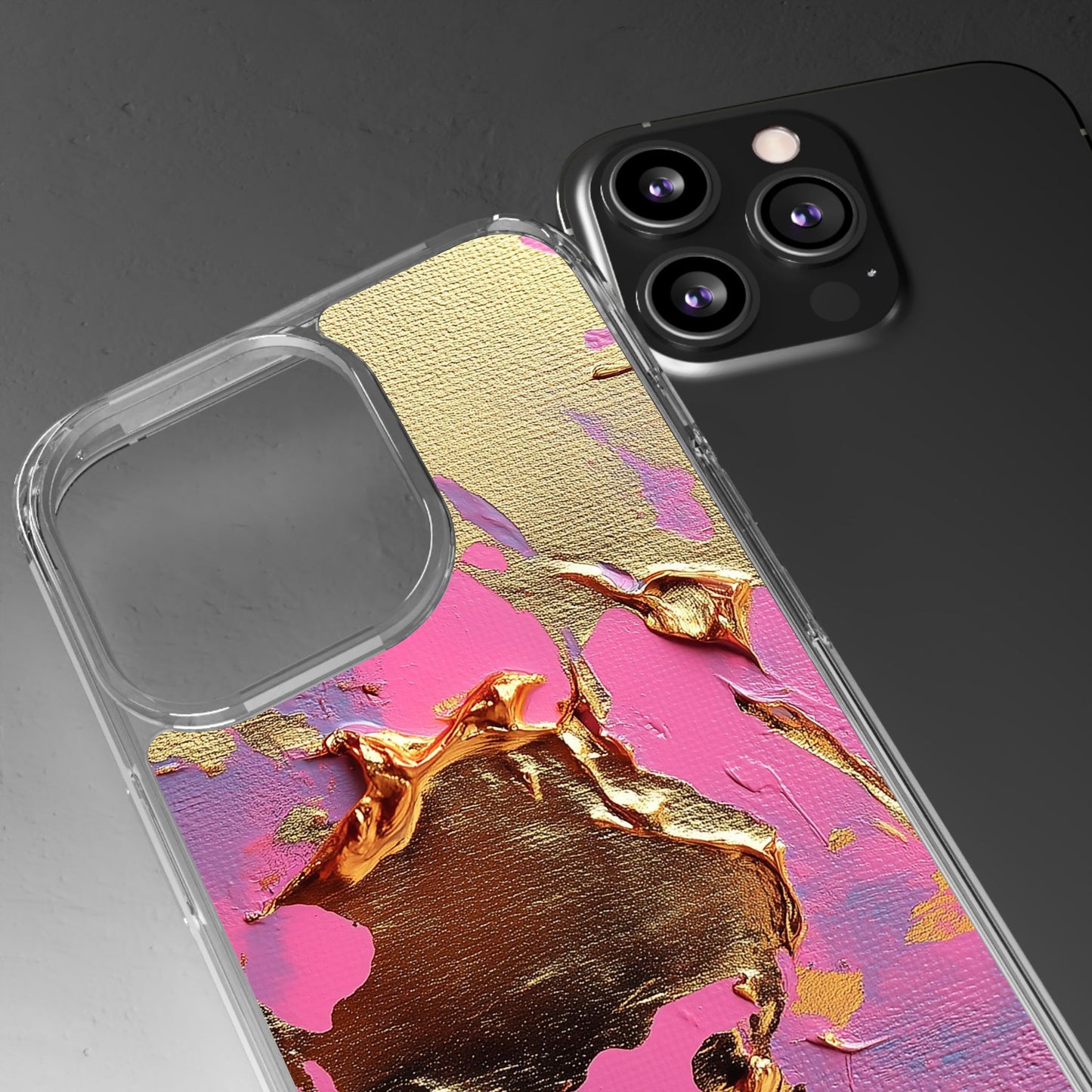 Artistic Clear iPhone Case - Gold and Pink Camo Abstract Design