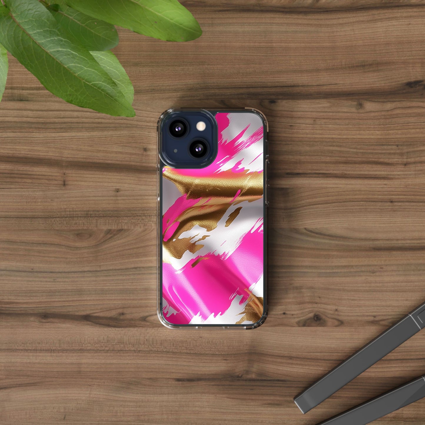Stylish Clear Phone Case - Pink and Gold Abstract Design