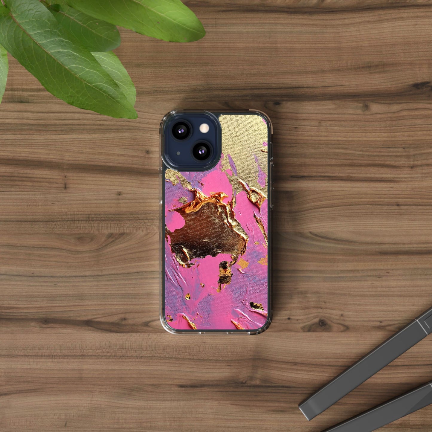 Artistic Clear iPhone Case - Gold and Pink Camo Abstract Design
