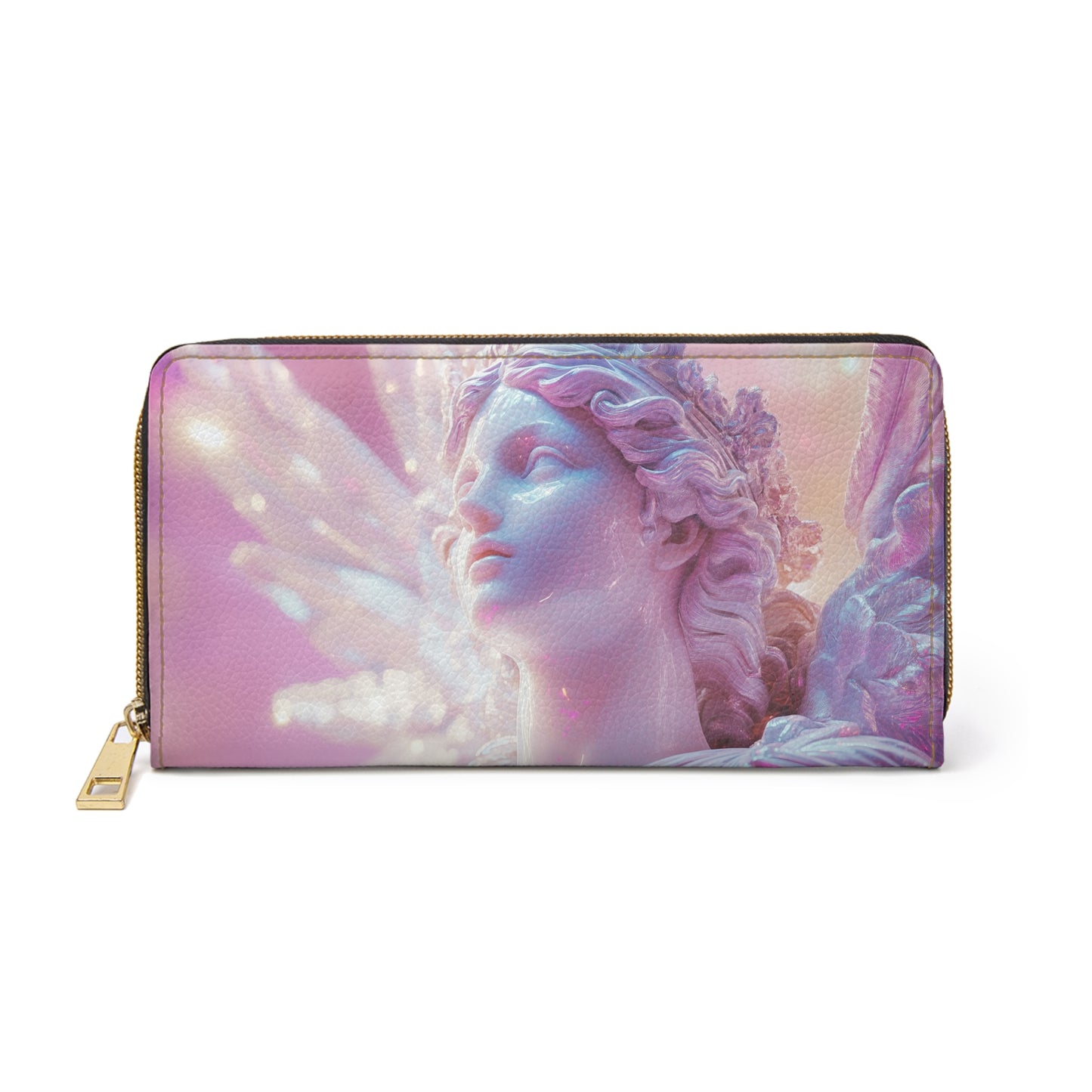 Celestial Aphrodite Angel Statue Zipper Wallet – Iridescent Translucence with Neon Pink & Pearlescent Glow for Stylish Organization