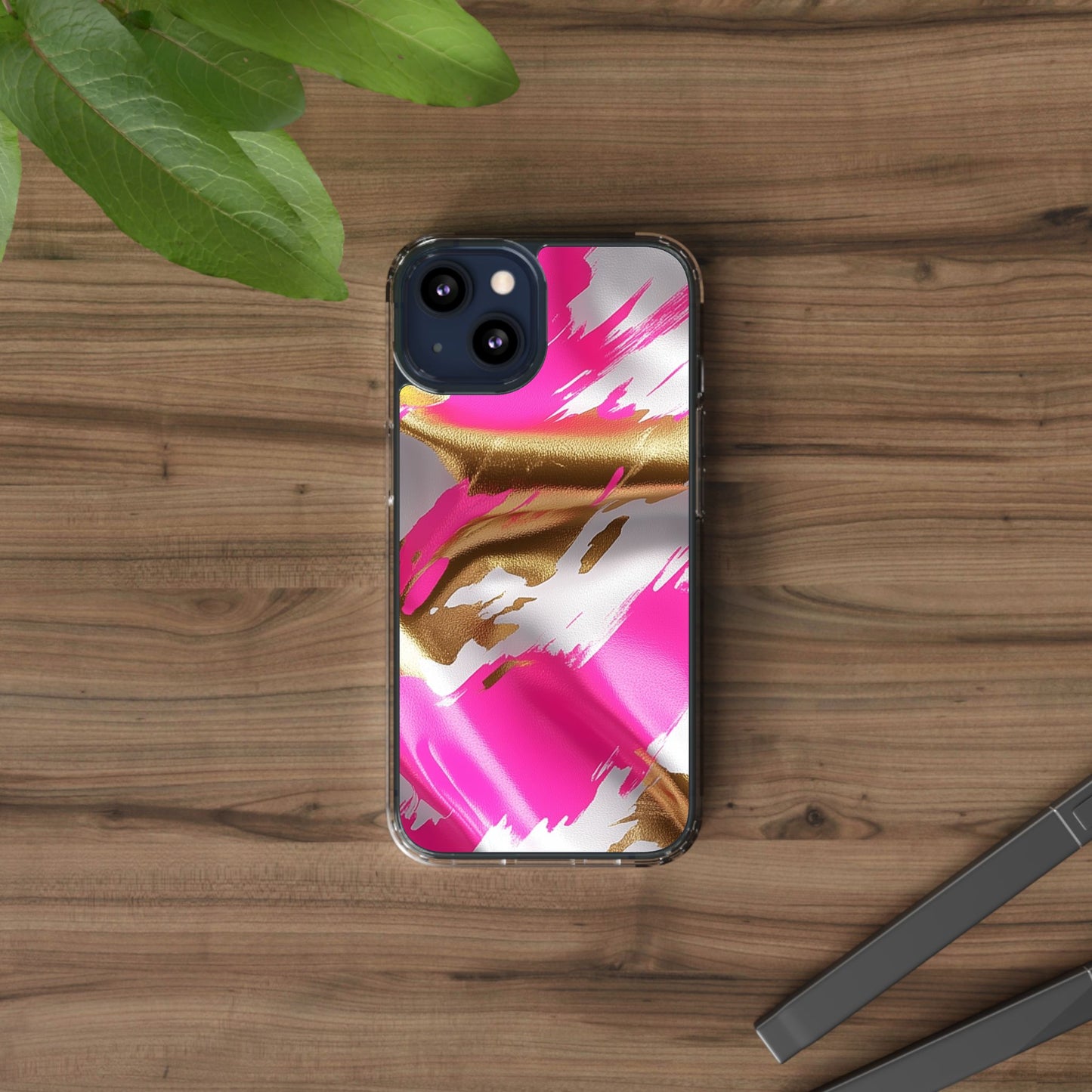 Stylish Clear Phone Case - Pink and Gold Abstract Design