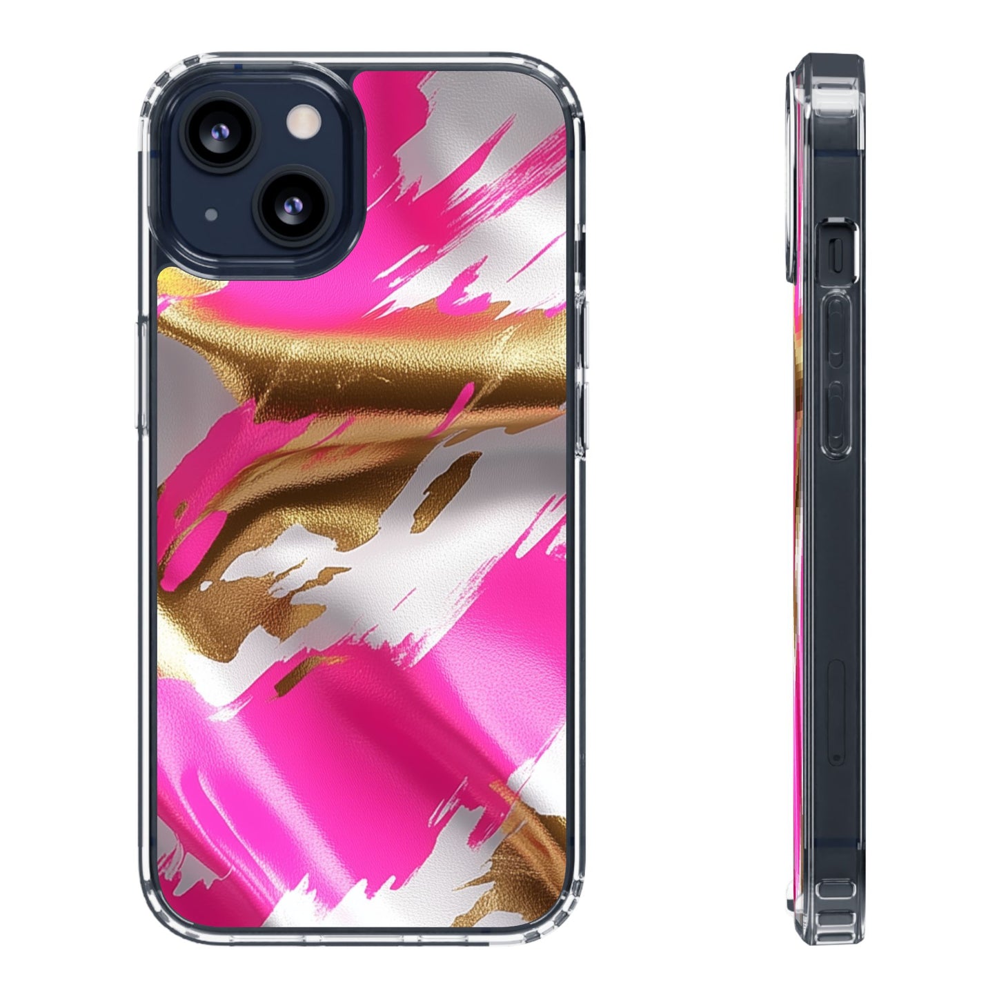 Stylish Clear Phone Case - Pink and Gold Abstract Design