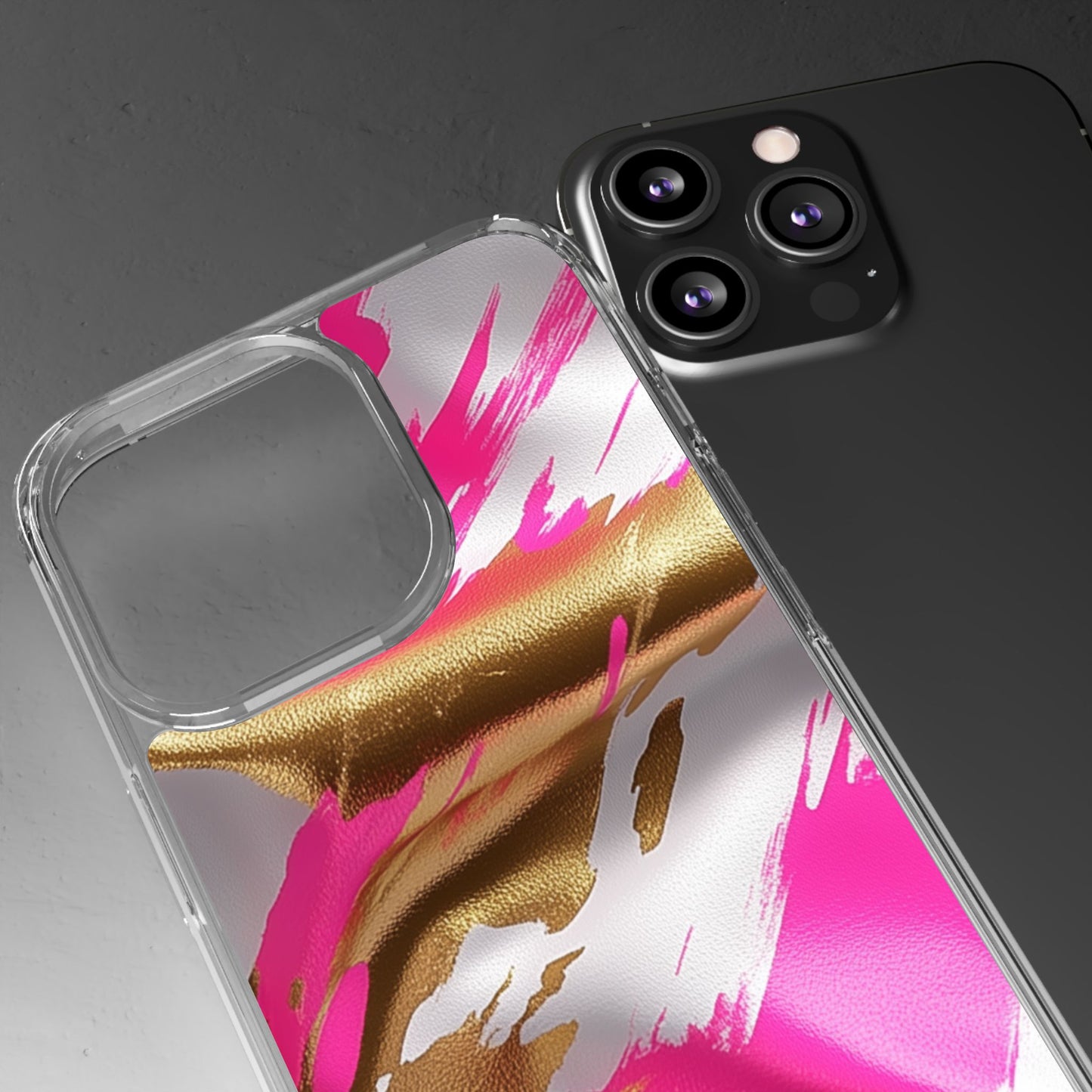 Stylish Clear Phone Case - Pink and Gold Abstract Design