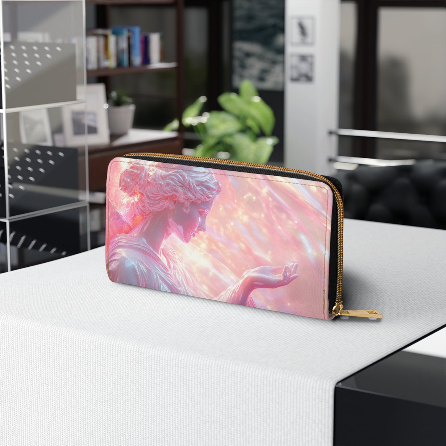 Divine Aphrodite Angel Statue Zipper Wallet – Glowing Iridescent Design with Neon Pink & Pearlescent Accents