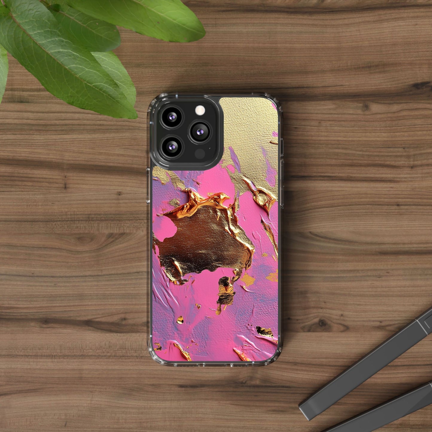 Artistic Clear iPhone Case - Gold and Pink Camo Abstract Design