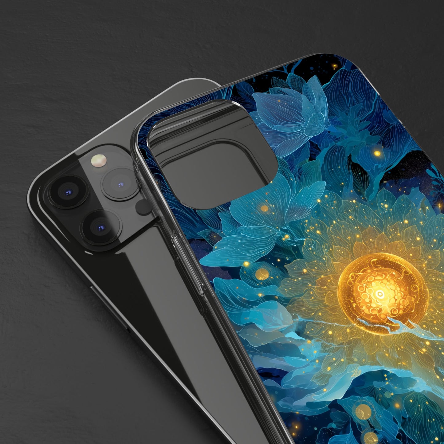 Celestial Nocturnal Bloom Clear Phone Case - Protective, Artistic Design for Nature Lovers